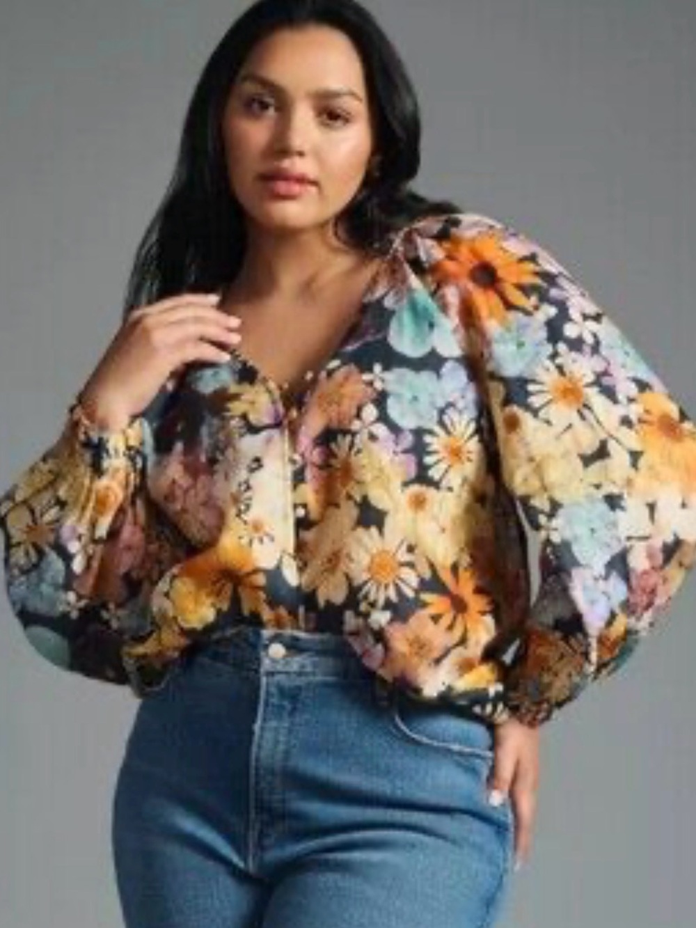 MAEVE Moxy Collective Watercolor Floral Linen Blouse Neck Ruffle